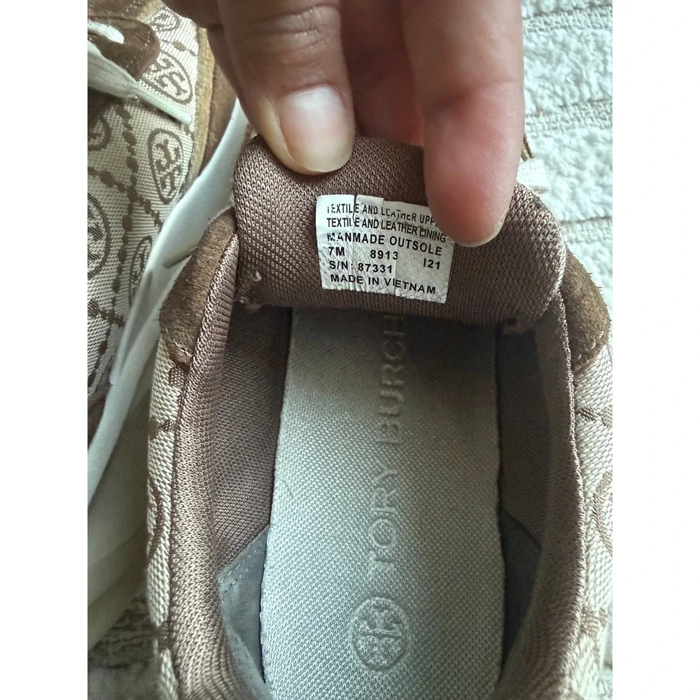 Tory Burch Good Luck Trainer Brown Tan Monogram Suede Sneakers 7M 87331